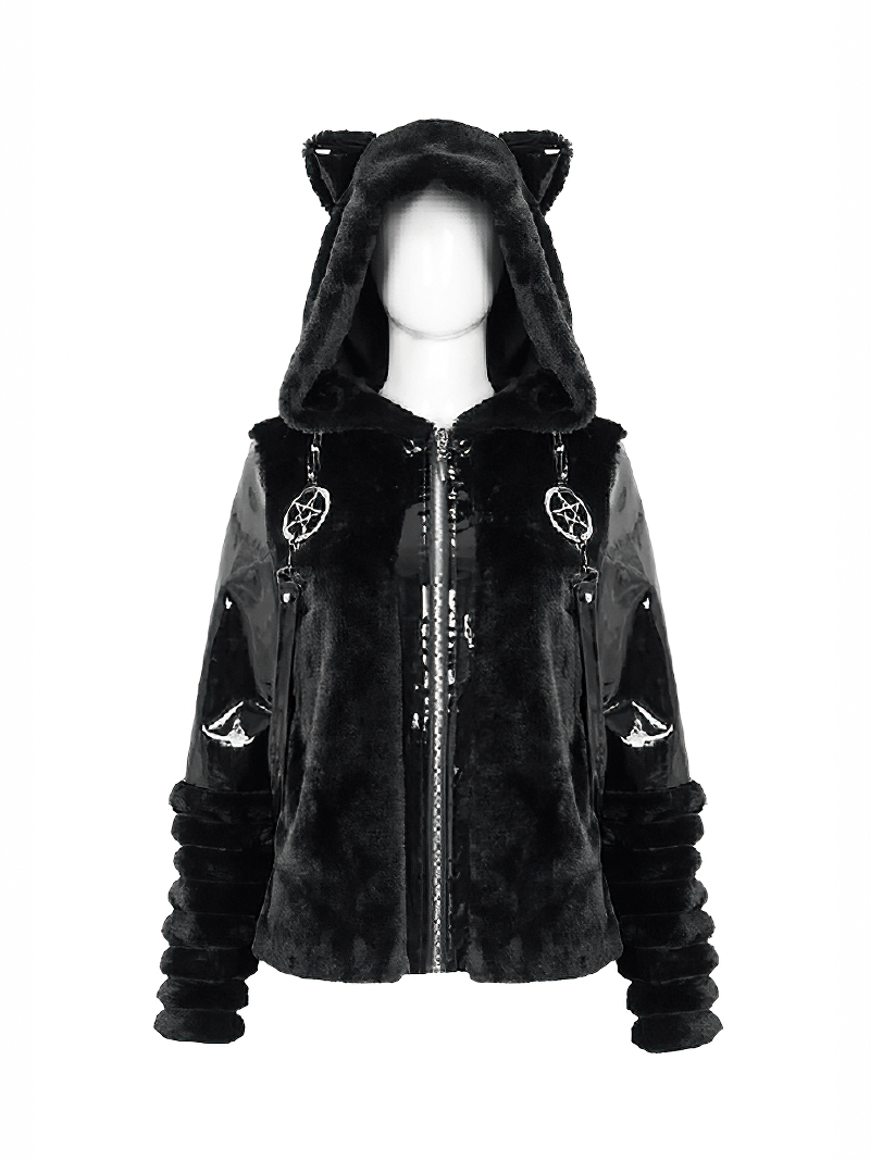 Women's Kitty Eared Fur Hood Jackets / Gothic Jacket with Pentagram Pendants and Straps - HARD'N'HEAVY