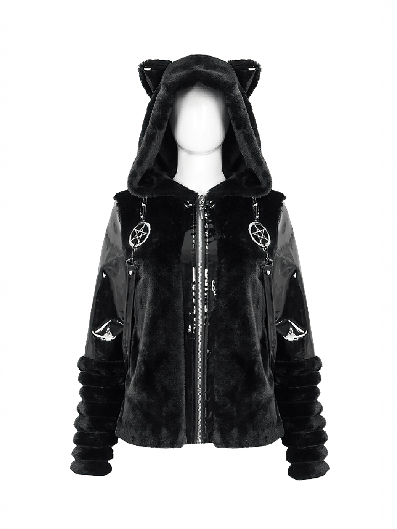 Gothic women's black fur hooded jacket with kitty ears and pentagram pendant details.
