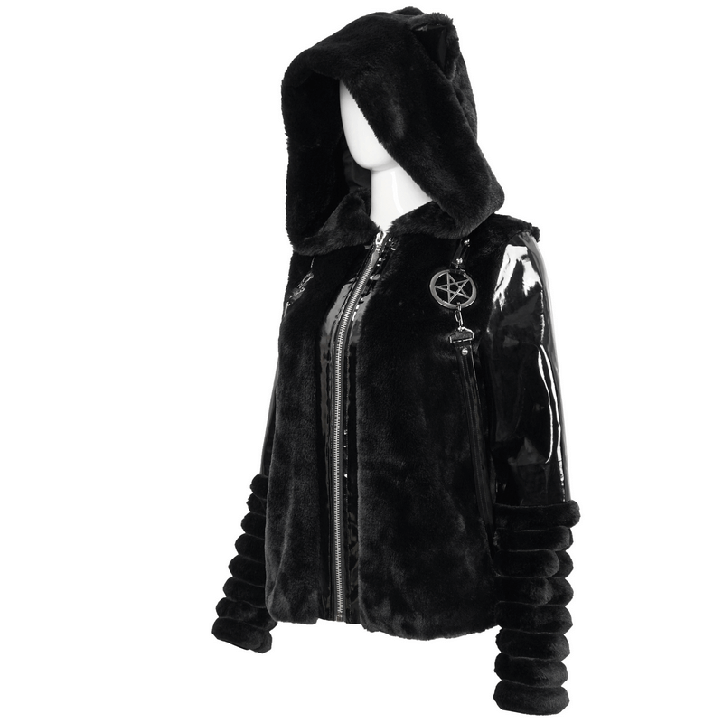 Women's gothic fur hooded jacket with kitty ears and pentagram accents, perfect for stylish gothic fashion.