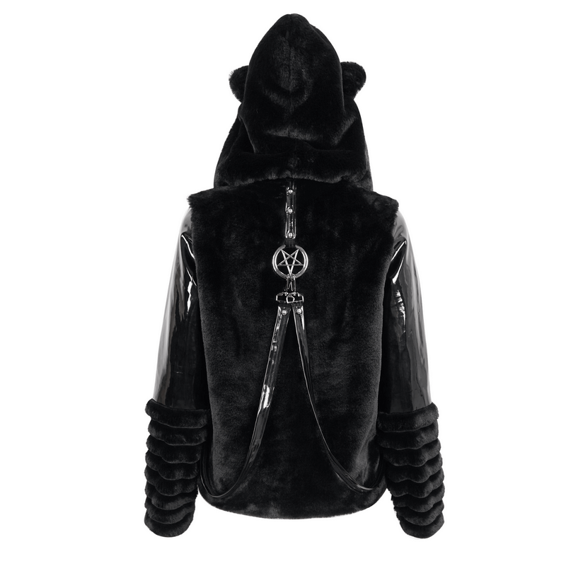 Women's black fur hooded jacket with kitty ears, pentagram pendant, and stylish straps, perfect for gothic fashion.