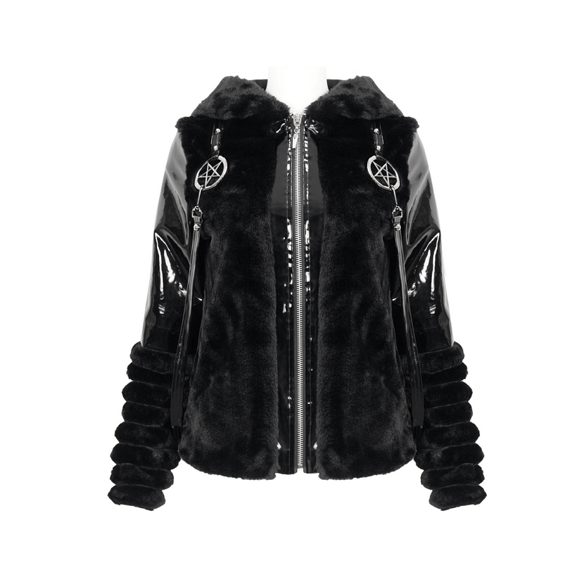 Women's gothic fur hooded jacket with pentagram pendants and stylish fur details.