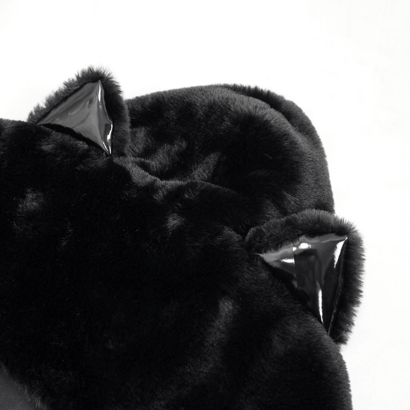 Close-up of black fur hood with shiny kitty ears, perfect for gothic fashion lovers.