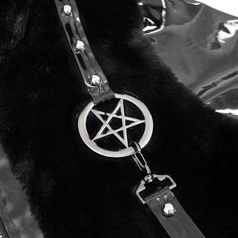 Close-up of a gothic jacket featuring a pentagram pendant and faux fur accents, highlighting unique style details.