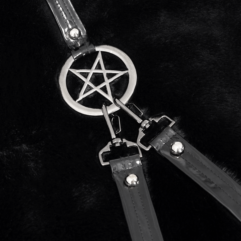 Close-up of pentagram pendant detail on gothic women's fur jacket straps, adding edgy style to the design.