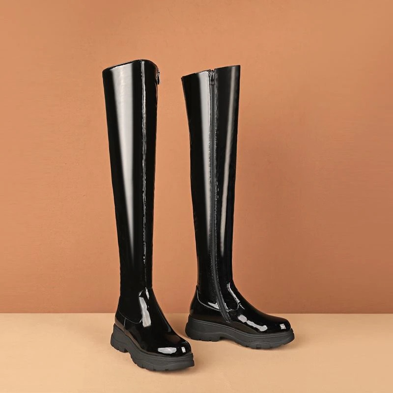 Women's Knee-High Boots / Fashion Zipper Leather Shoes / Female Black Stretch Boots - HARD'N'HEAVY