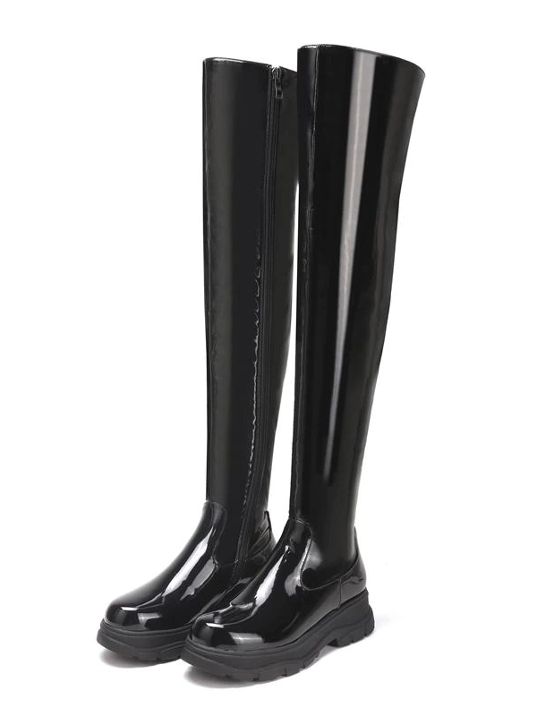 Women's Knee-High Boots / Fashion Zipper Leather Shoes / Female Black Stretch Boots - HARD'N'HEAVY