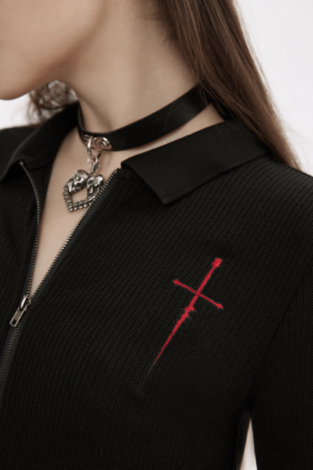 Women's Knitted Zippered Top with Embroidered Red Cross