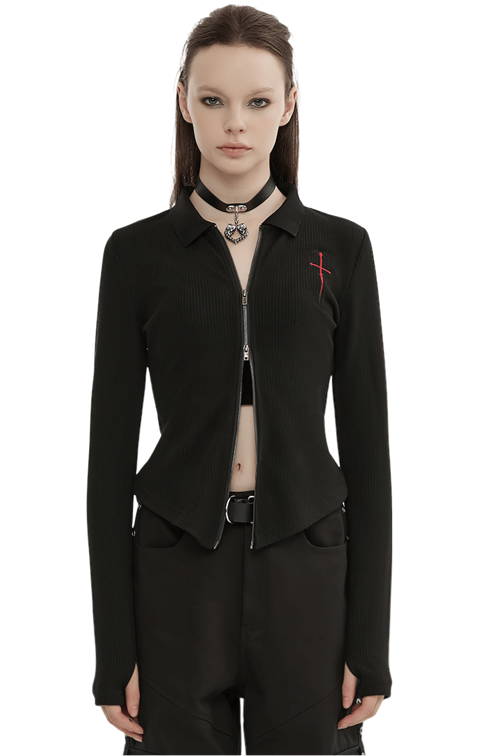 Women's Knitted Zippered Top with Embroidered Red Cross