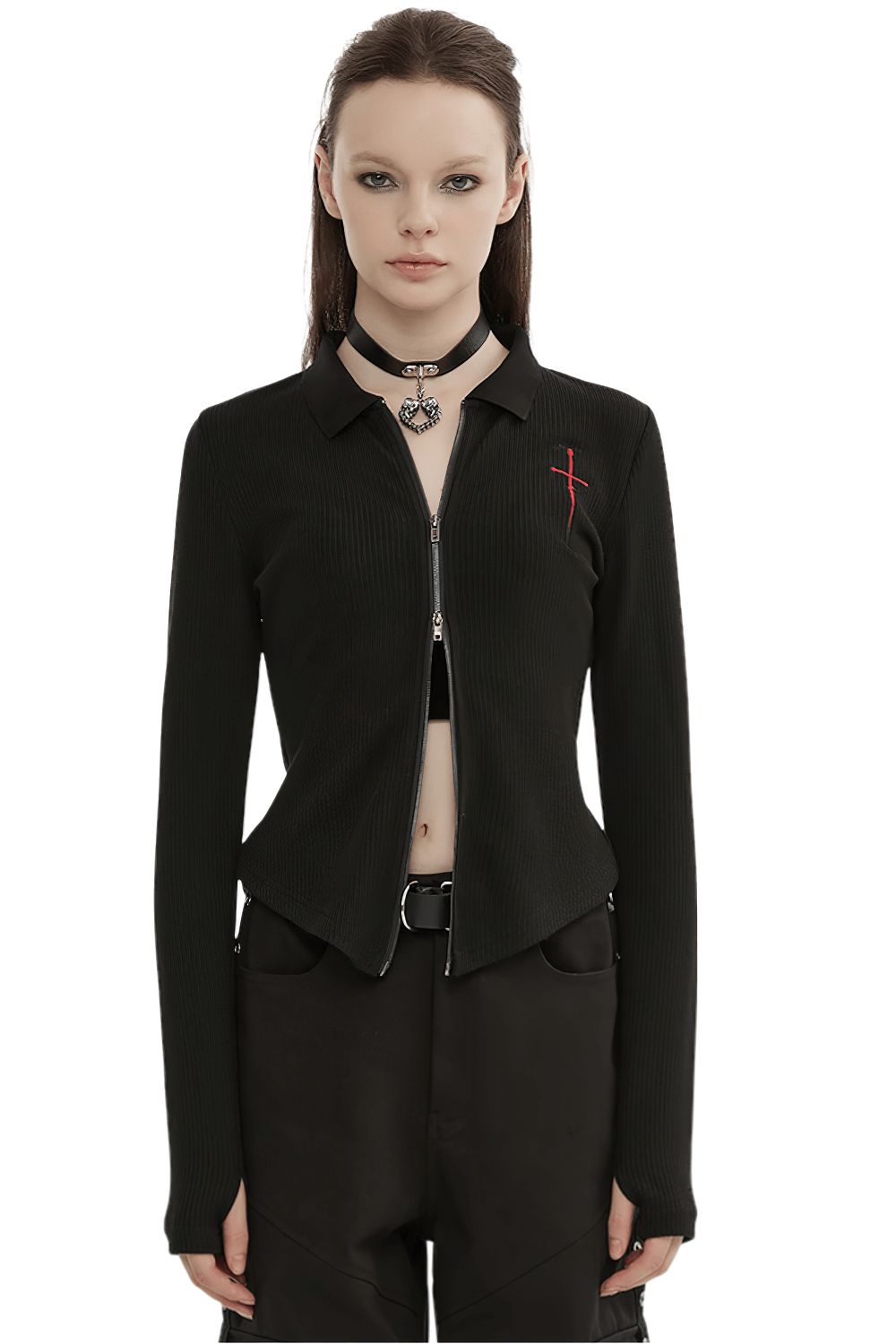 Women's black knitted zippered top featuring embroidered red cross and stylish pointed hem.