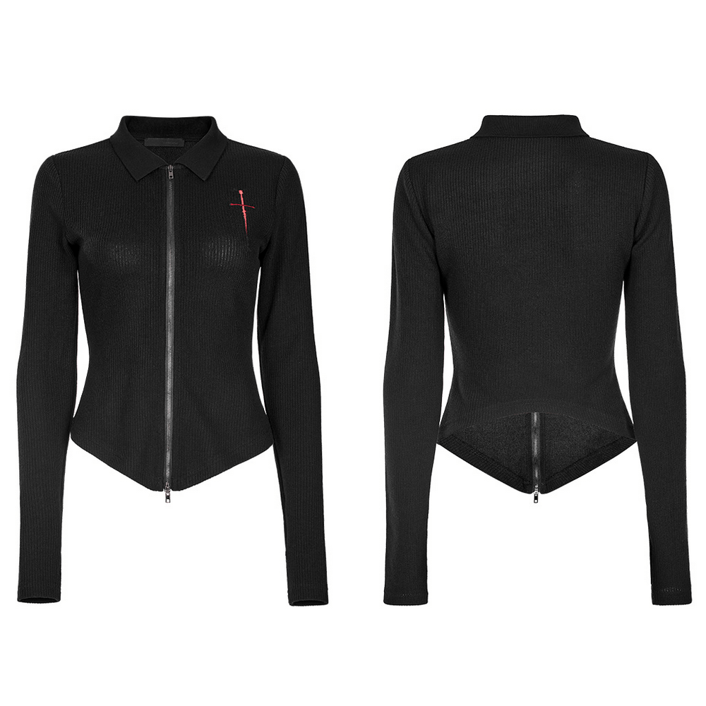 Women's black knitted zippered top with red cross embroidery and pointed hem for a punk-edge style.