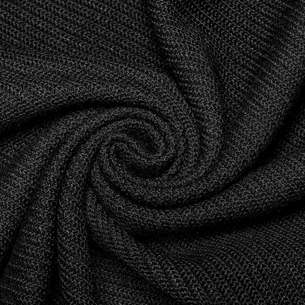 Close-up of soft black knitted fabric showcasing texture for women's punk zippered top with embroidered design.