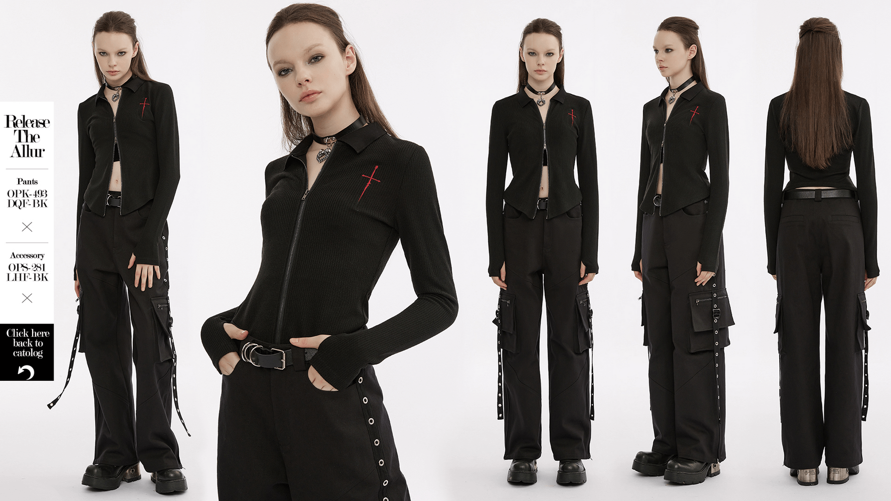Women's black knitted zippered top with red cross embroidery, styled with edgy punk pants.
