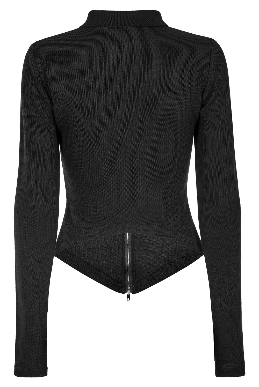 Women's black knitted zippered top with a form-fitting silhouette and dramatic pointed hem.