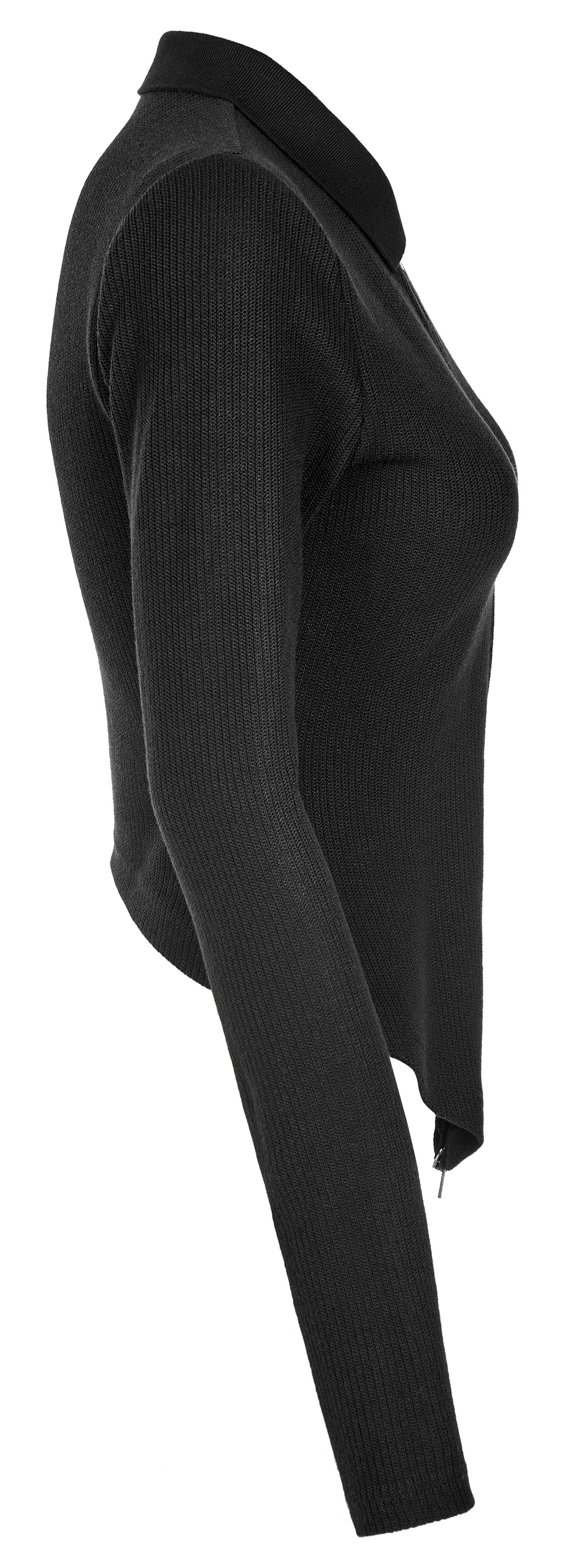 Women's black knitted zippered top with red cross embroidery, showcasing a form-fitting silhouette and pointed hem.