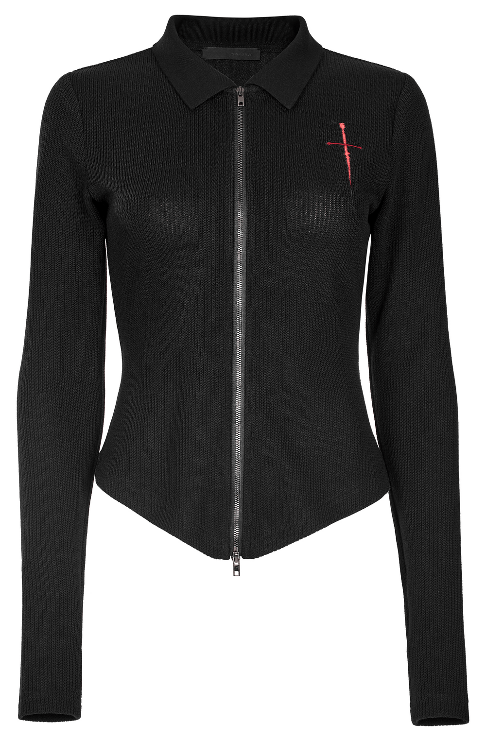 Women's black zippered knitted top with red cross embroidery and pointed hem, perfect for a punk-inspired look.