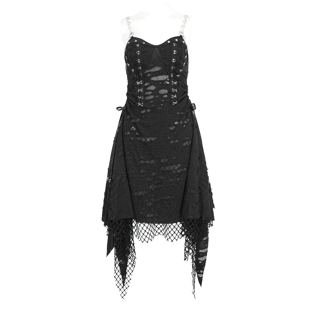 Dramatic black lace dress featuring asymmetrical hem and chain details, perfect for evening events or special occasions.