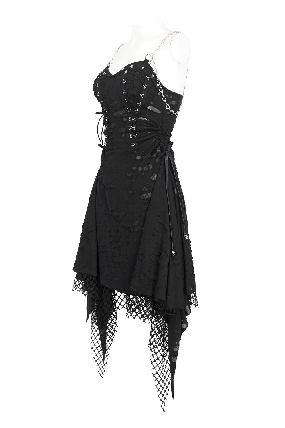 Women's black lace dress with chains, asymmetrical hem, and dramatic flair for evening outings.