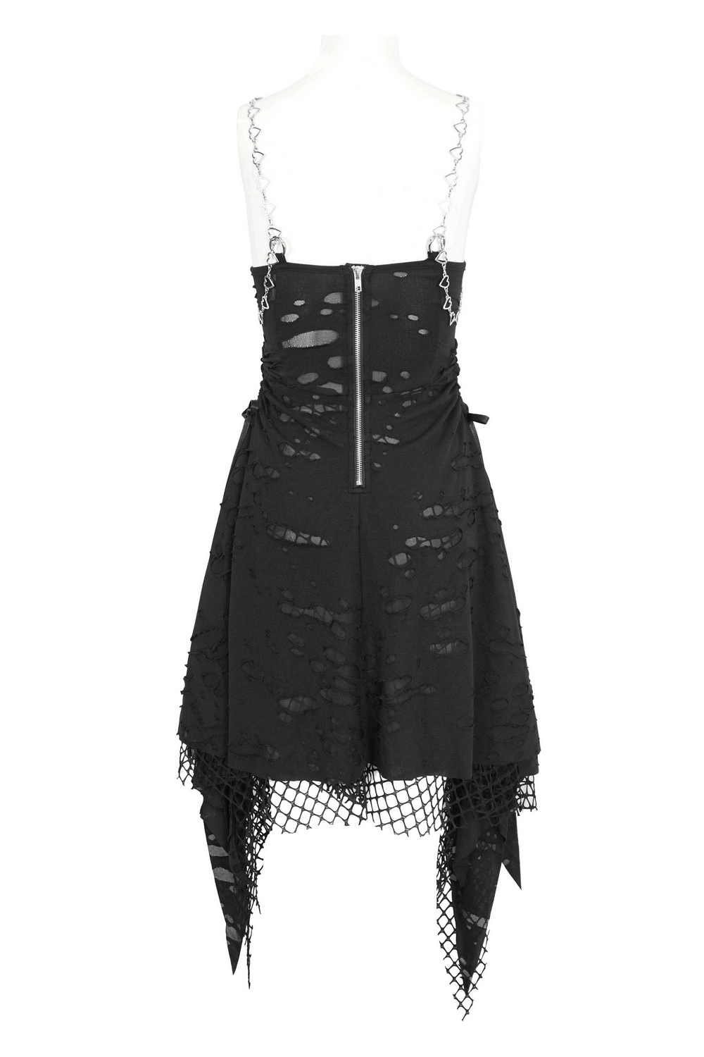 Back view of a black lace dress with asymmetrical hem, chains on straps, and edgy design elements.