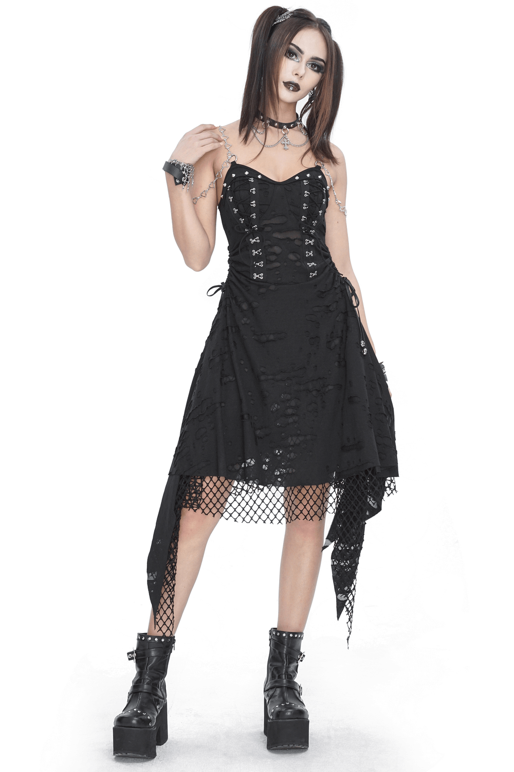 Dramatic women's black lace dress with asymmetrical hem and chains, perfect for edgy evening looks.