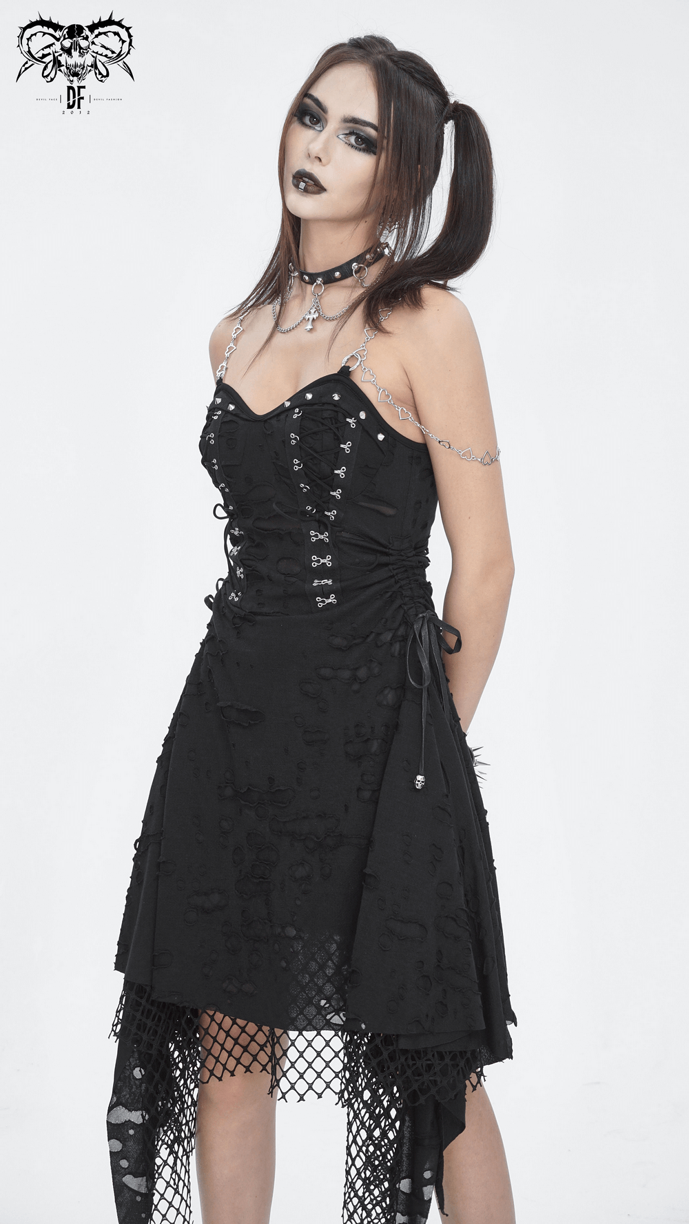 Dramatic women's black lace chains dress with asymmetrical hem and edgy details, perfect for night outings.