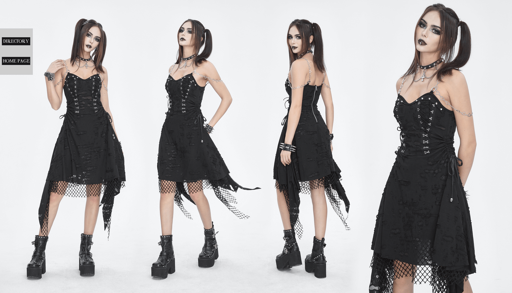 Dramatic women's black lace dress with asymmetrical hem and chains, perfect for evenings out or special occasions.