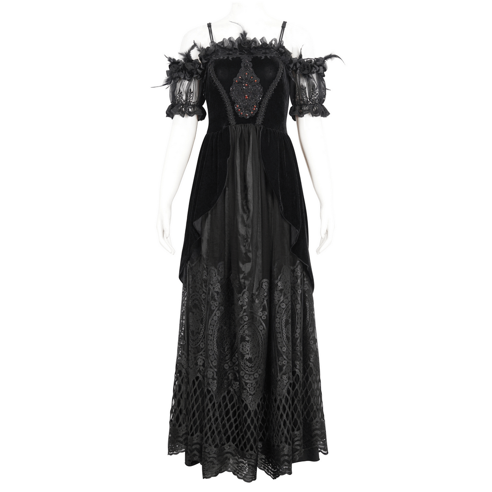 Elegant black lace dress with feathered sleeves and beaded bodice, perfect for formal events.
