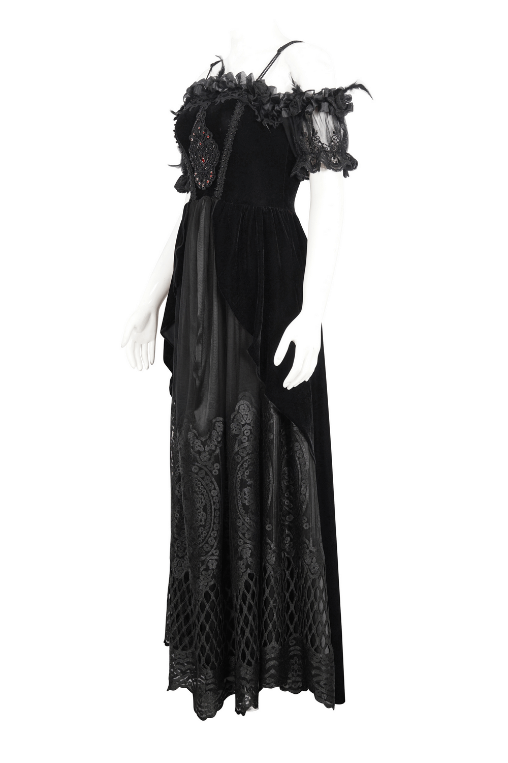 Elegant black lace evening dress with feathered sleeves and beaded bodice, perfect for formal occasions.