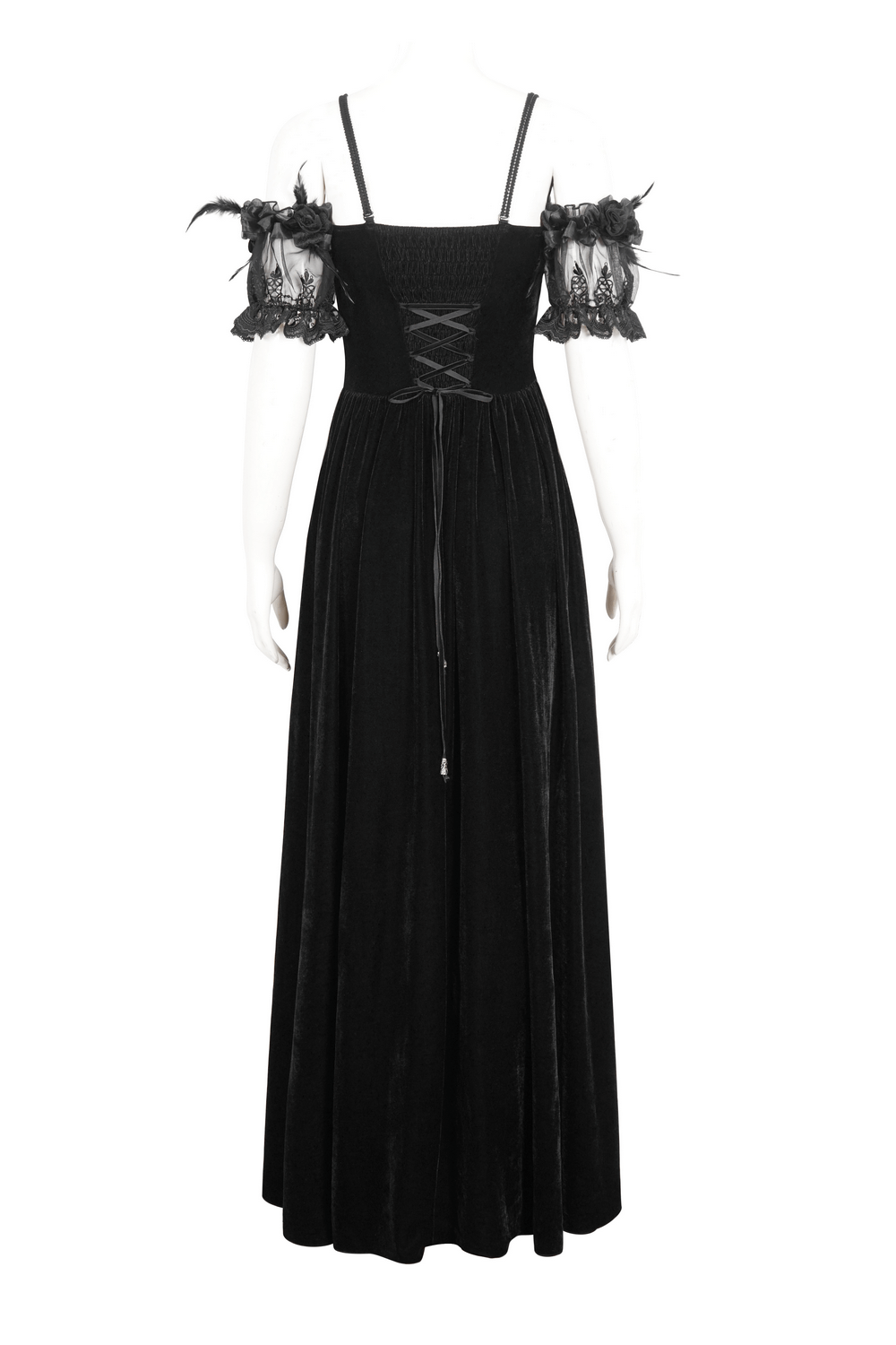 Chic black lace evening dress with feathered sleeves and a flowy skirt, perfect for formal events.