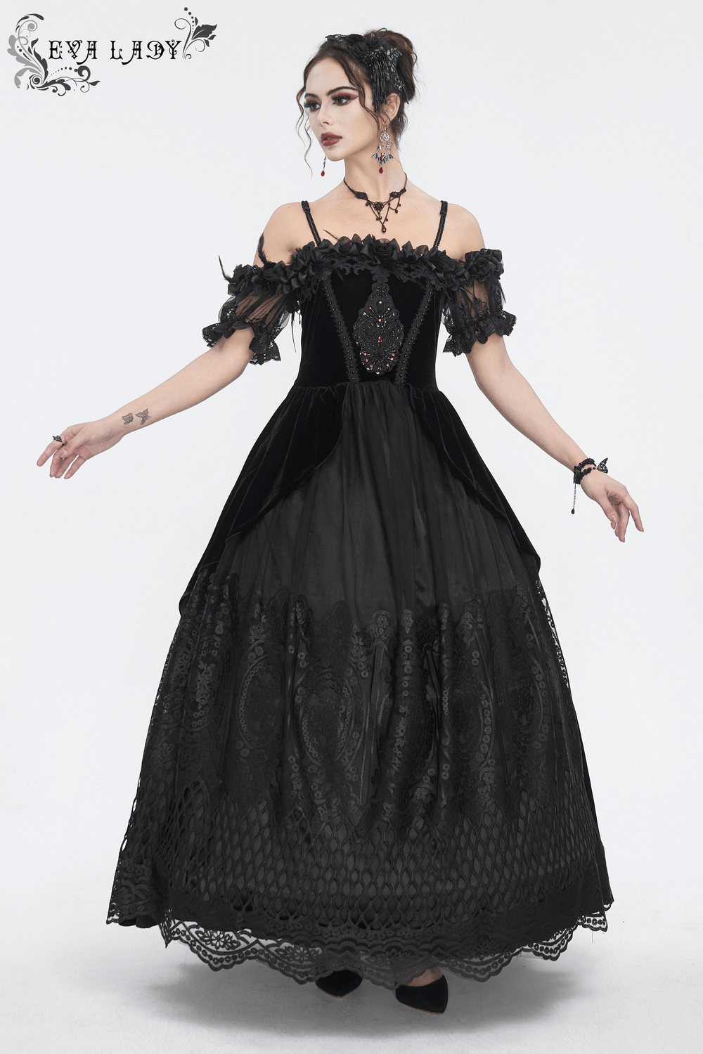 Elegant black lace evening dress with feather short sleeves, perfect for formal events and special occasions.