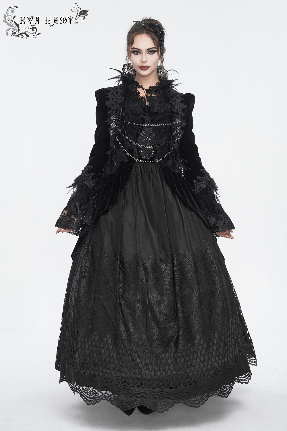 Elegant black lace evening dress with feathered sleeves and a long skirt, perfect for formal occasions.