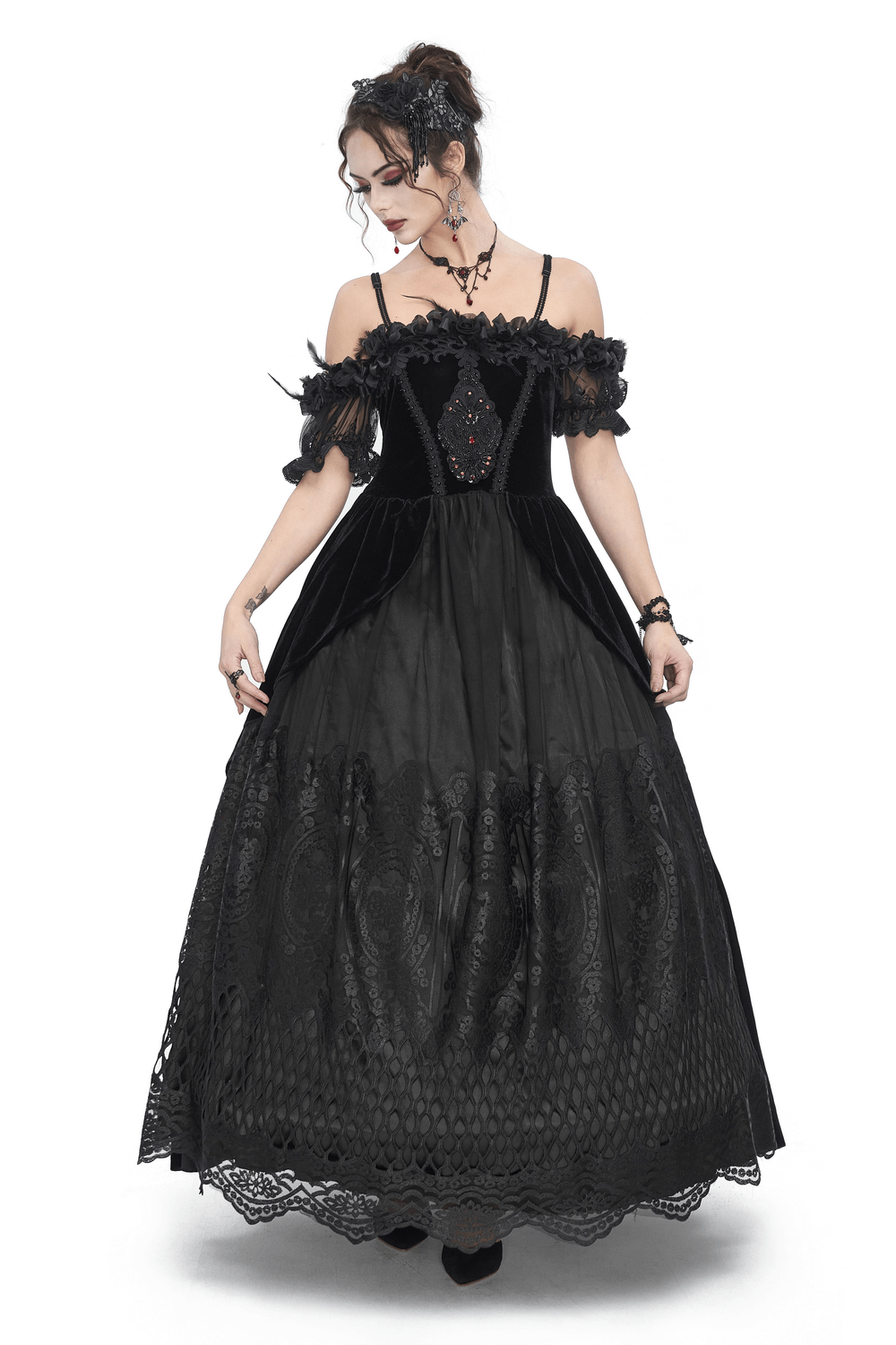 Elegant black lace evening dress with feathered short sleeves and beaded bodice, perfect for formal occasions.
