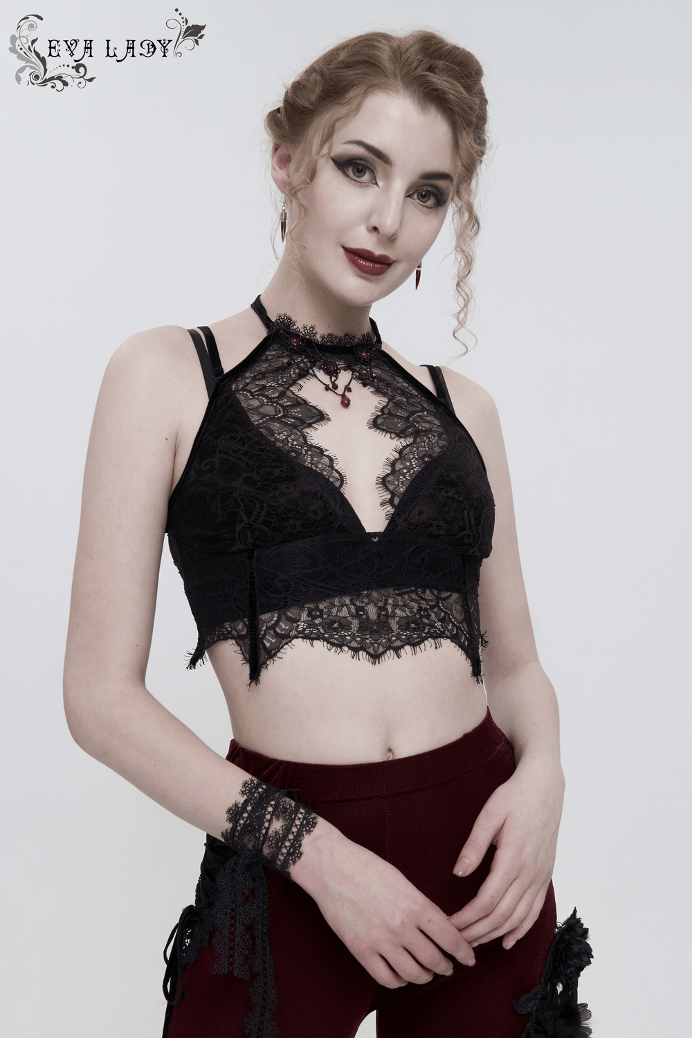 Women's Lace Halter Crop Top With Choker Neckline Detail