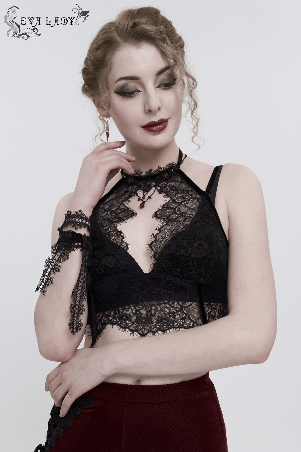 Women's Lace Halter Crop Top With Choker Neckline Detail