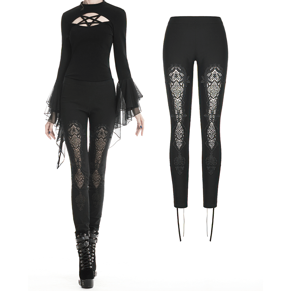 Elegant women's black leggings with lace inserts and stylish tulle cuffs, perfect for edgy outfits.