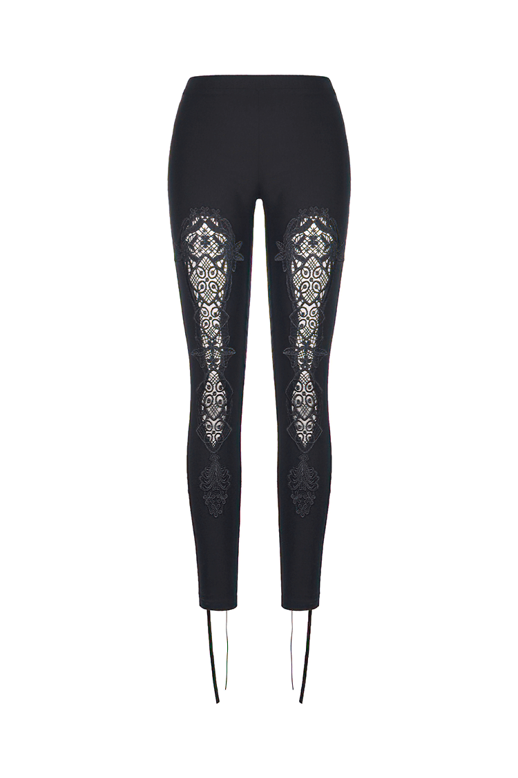 Elegant women's black leggings with lace inserts and lace-up cuffs for a stylish look.