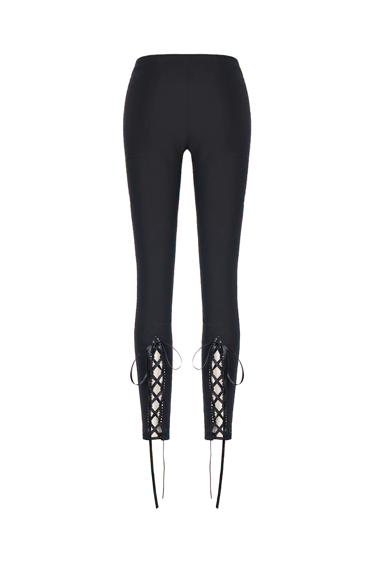 Elegant black leggings with lace inserts and lace-up detailing for a stylish, edgy look.