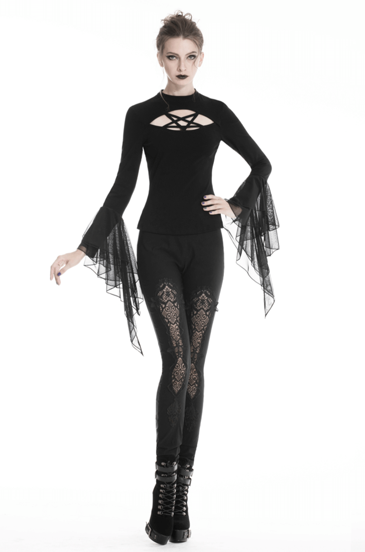 Stylish woman in black lace insert stretch leggings and lace-up bell-sleeved top, showcasing edgy fashion.