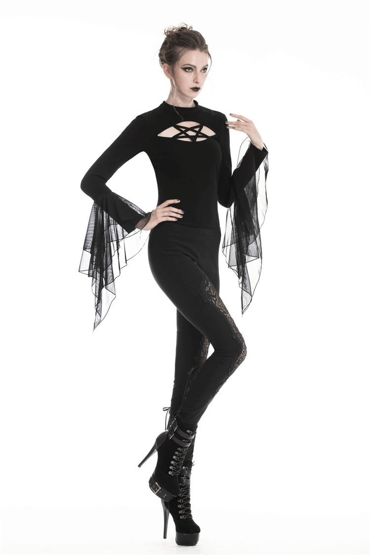 Chic model in black lace insert stretch leggings and stylish top with flared sleeves, showcasing edgy fashion.