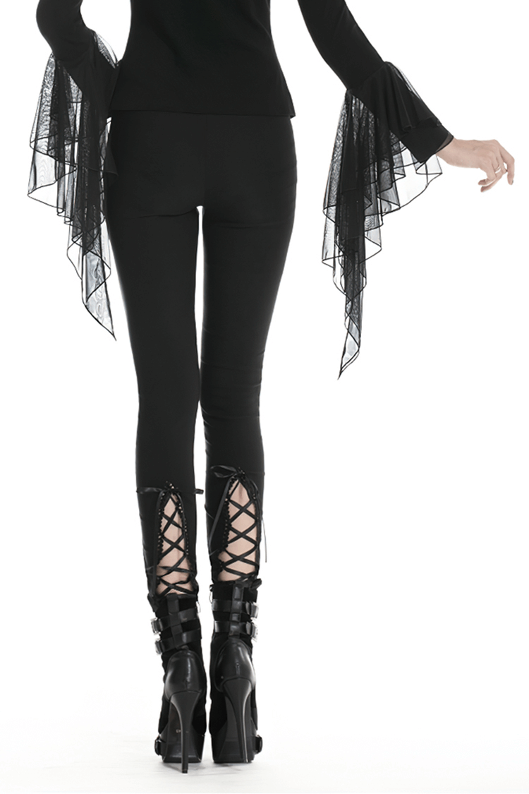 Women's Lace Insert Stretch Leggings with Lace-up