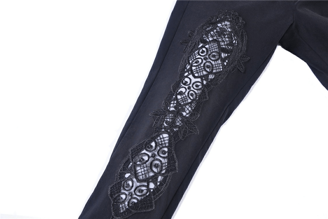 Elegant black leggings featuring intricate lace insert detail, perfect for chic and edgy outfits.