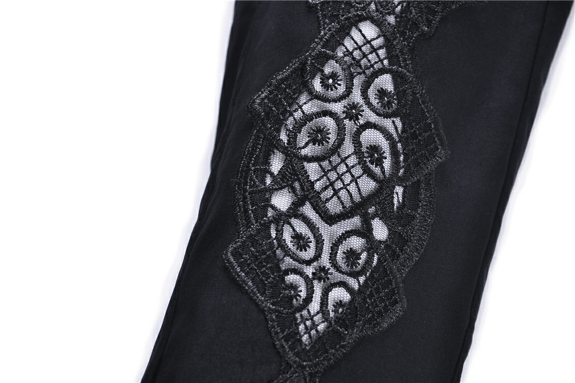 Elegant black leggings with intricate lace detailing for a chic and edgy look.