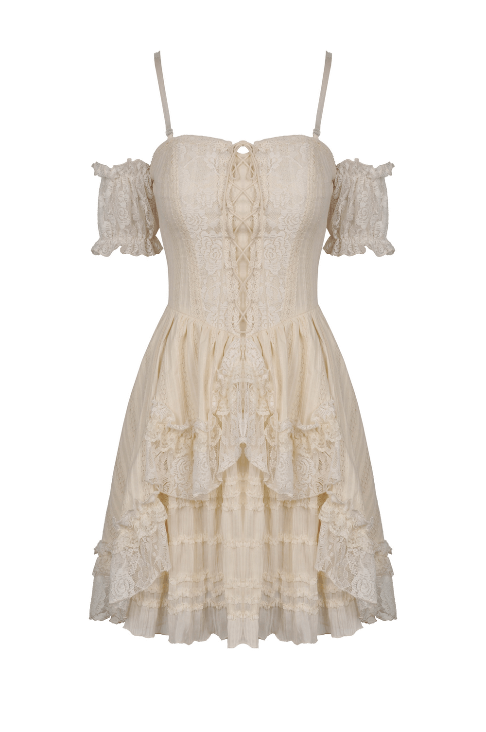 Off-shoulder lace mini dress with ruffled layers and floral detail, perfect for gothic and steampunk looks.