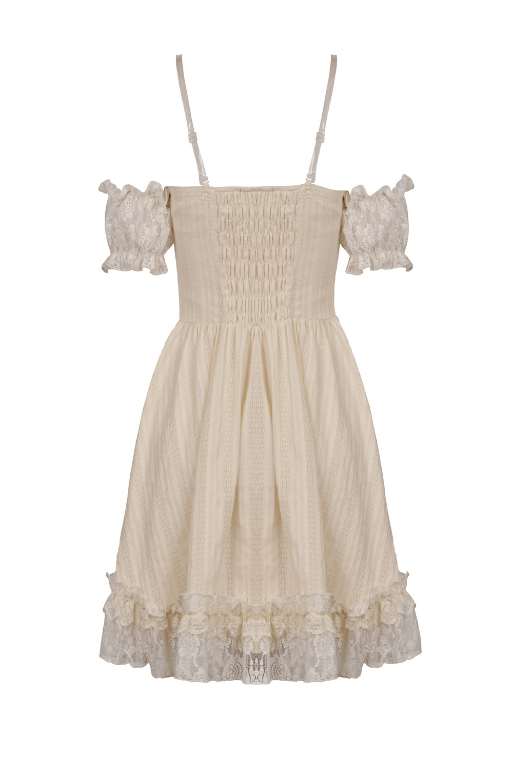Women's off-shoulder lace mini dress with ruffled sleeves and floral lace trim, perfect for gothic and steampunk styles.