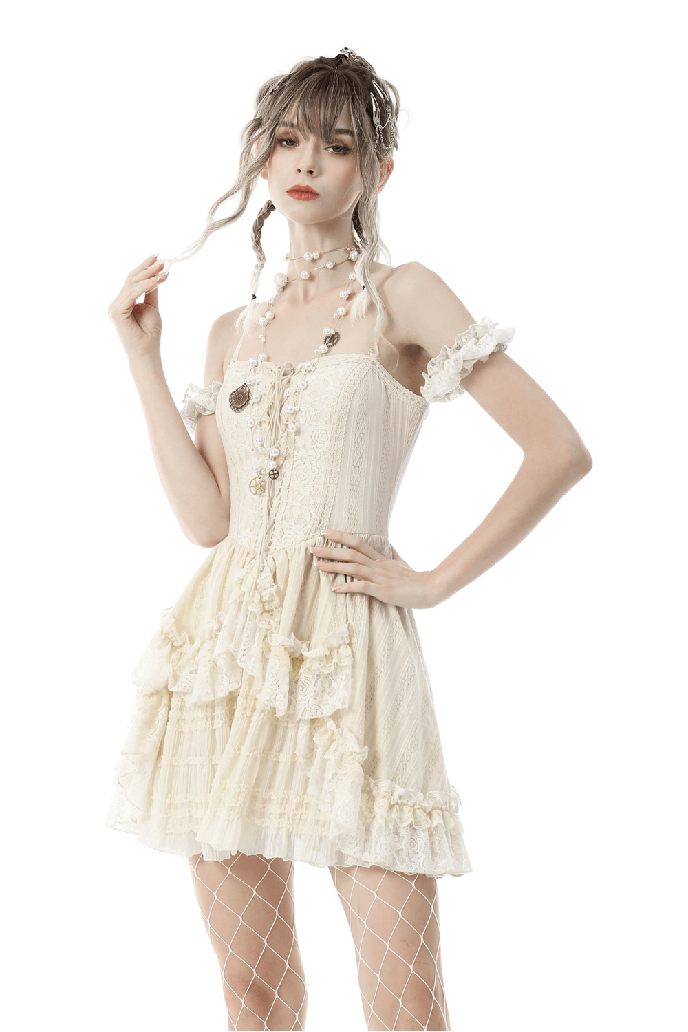 Women's off-shoulder lace mini dress with ruffled layers and floral detail, perfect for steampunk and Halloween.