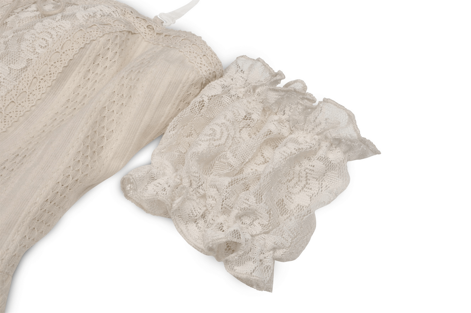 Close-up of a cream lace fabric and ruffled sleeve detail from a women's off-shoulder mini dress.