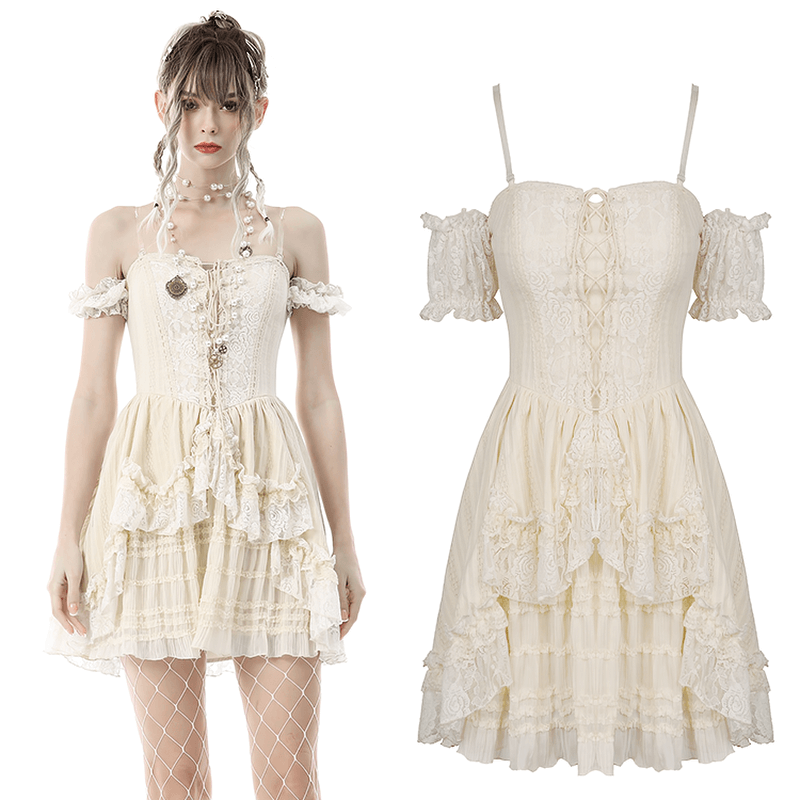 Off-shoulder cream lace mini dress with ruffled layers and floral details, perfect for gothic or steampunk style.