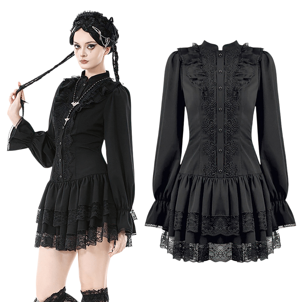 Women's Lace Mini Dress with Long Sleeves and Ruffles in black, featuring lace trim and ruffled layers.