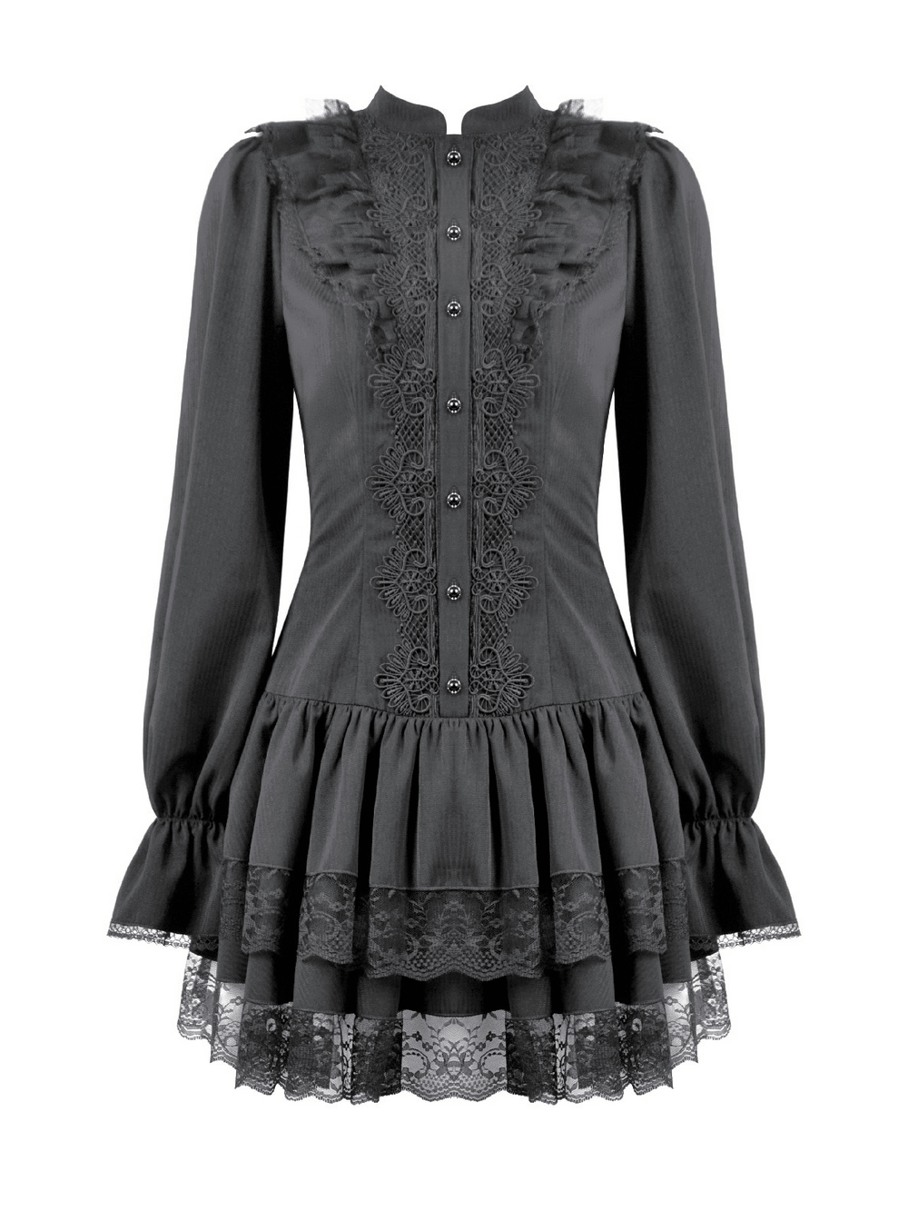 Women's Lace Mini Dress with Long Sleeves and Ruffles featuring ruffles and lace trim in elegant black.