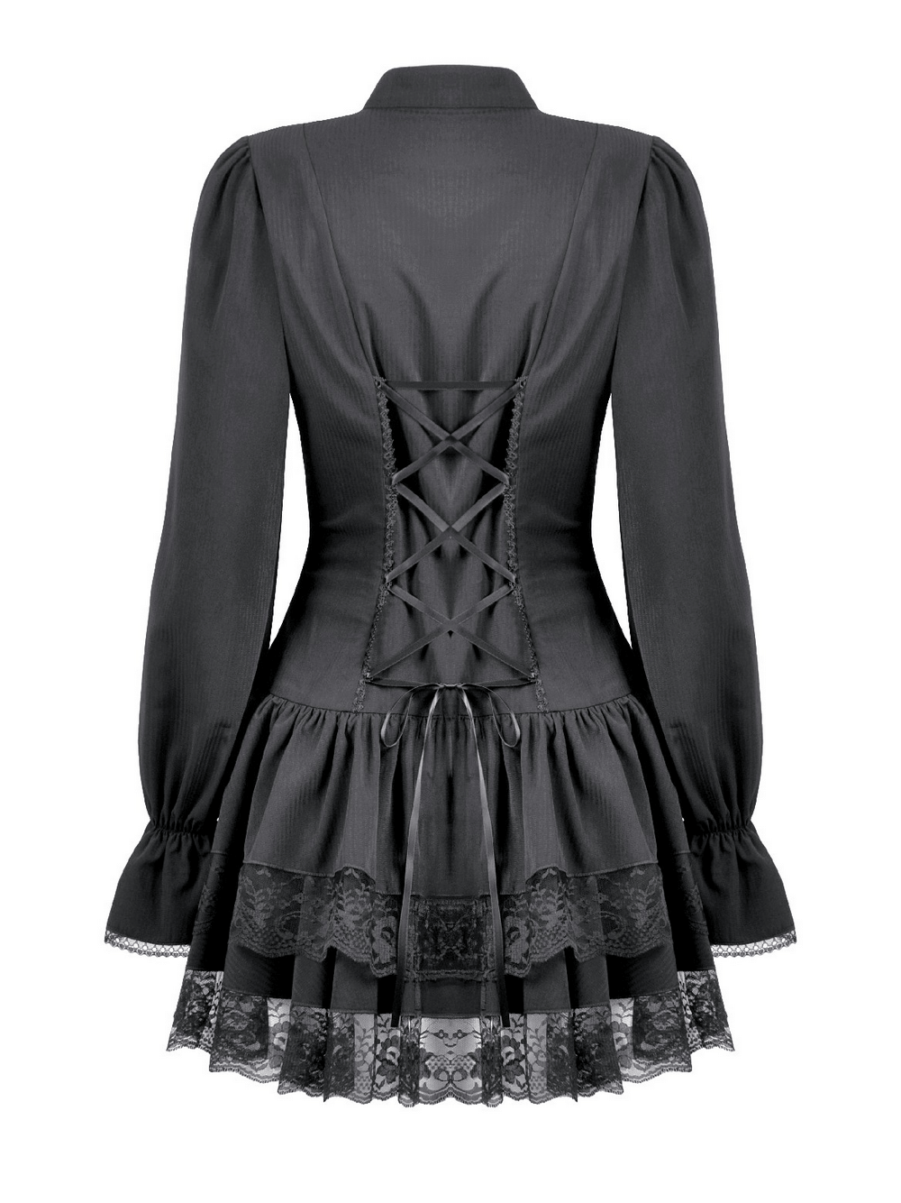Women's Lace Mini Dress with Long Sleeves and Ruffles, featuring lace trim and corset back for a gothic look.