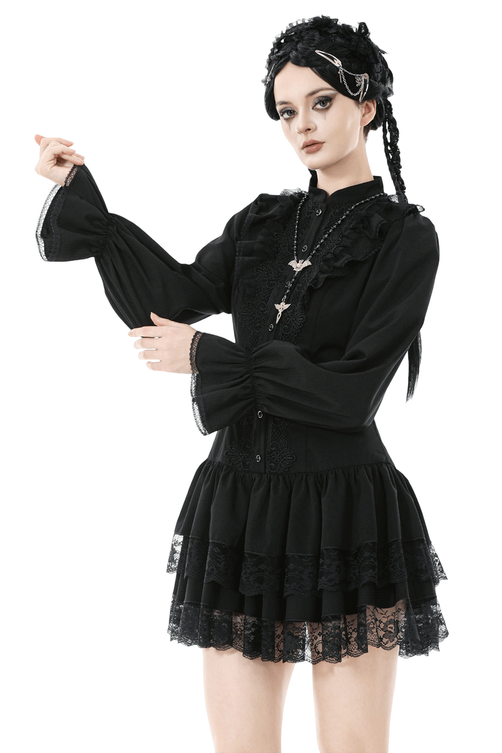 Women's Lace Mini Dress with Long Sleeves and Ruffles featuring ruffled layers and lace trim in gothic style.